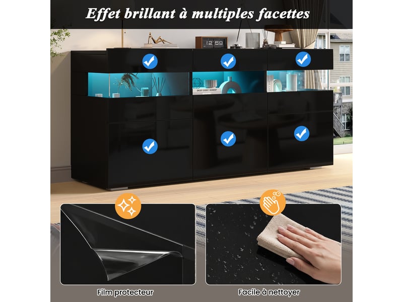 Buffet noir brillant 140 cm meuble salon avec led 3 portes acrylique - Conforama E