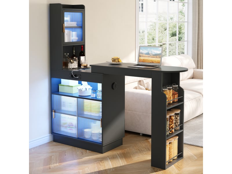 Bar extensible 131-170 cm avec rangement, meuble bar avec led rgb, prises usbtype-c et placards vitrés, table haute cuisine - noir - Conforama B