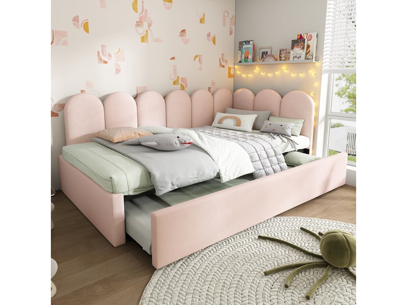  Méridienne lit gigogne avec couchage coulissant et côtés interchangeables, rembourrée en velours rose  - Conforama C