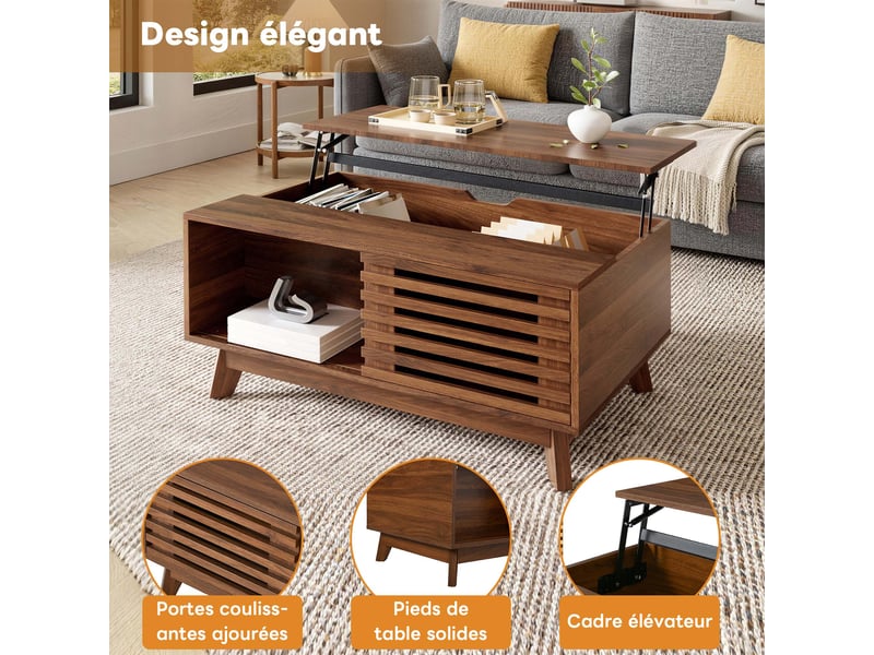  Table basse 90x55x57,5 cm, plateau relevable, grand rangement, porte coulissante, style vintage pour salon et séjour - noyer  - Conforama D