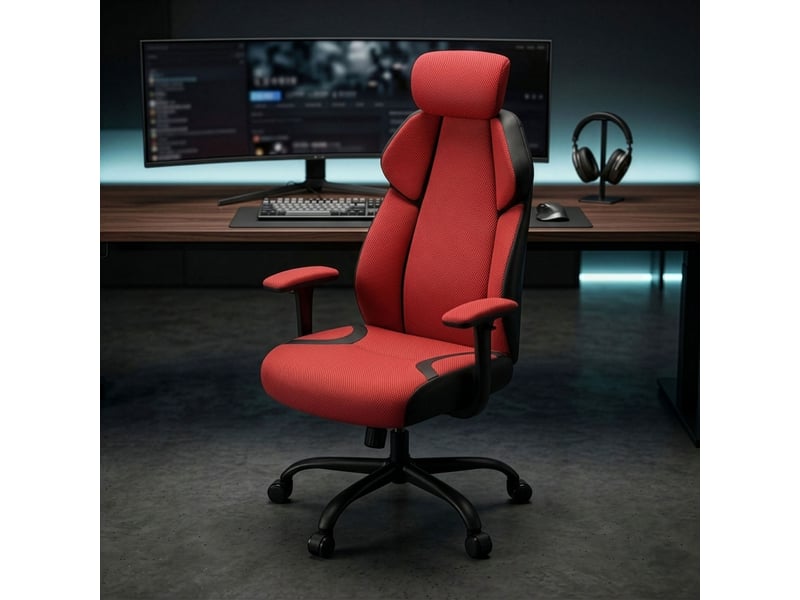  Flank - sedia da gaming pro ergonomica poltrona gamer con altezza regolabile reclinabile girevole 360° con braccioli in tessuto e pvc rosso  - Conforama B