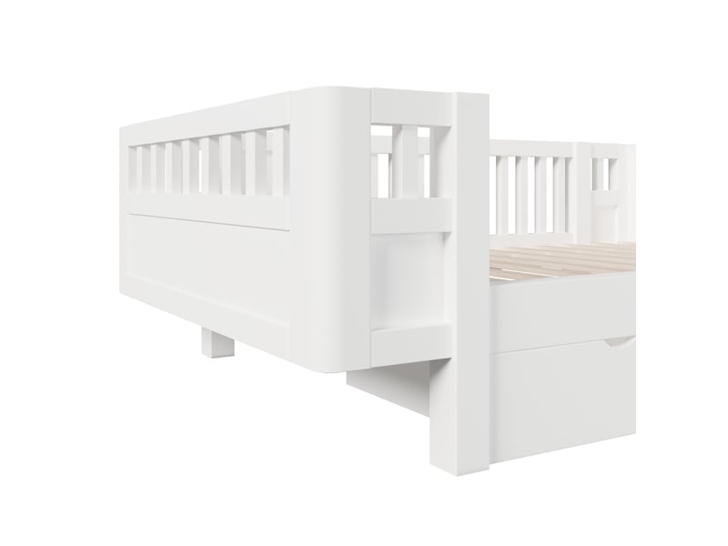  Lit plateforme enfant 90 x 200 cm blanc en mdf et pin, 2 tiroirs et barrière de protection haute  - Conforama E