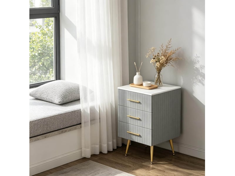  Table de chevet modenvie à 3 tiroirs en velours gris avec pieds métalliques dorés  - Conforama D