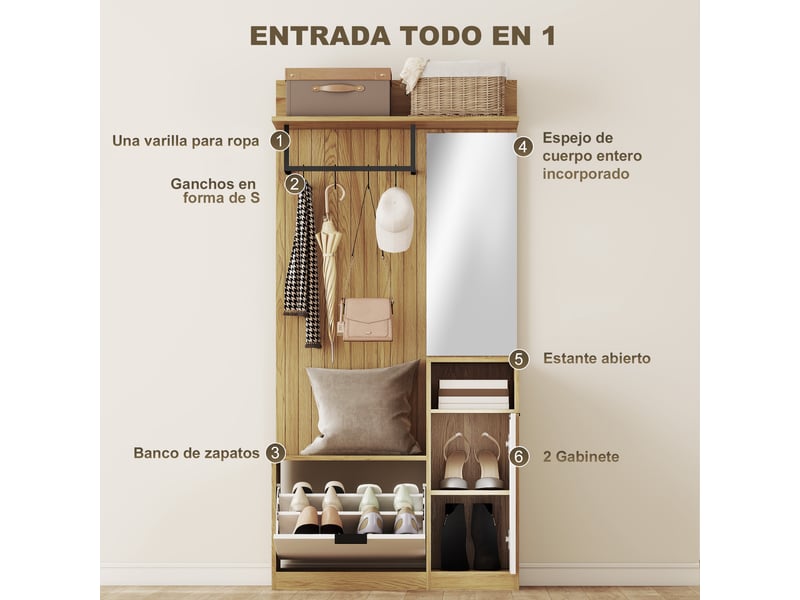  Vestiaire d'entrée avec meuble à chaussures, miroir et 4 crochets, 80x36x168 cm, chêne  - Conforama D
