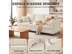 Canapé 3 places en velours côtelé, canapé de salon moderne 225 cm, coussin à ressorts, assise large, crème