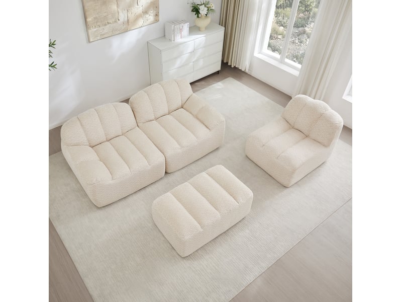  Canapé d'angle modulaire ulevr 3 places avec ottoman, tissu bouclette beige blanc, 288 x 165 x 79 cm  - Conforama E