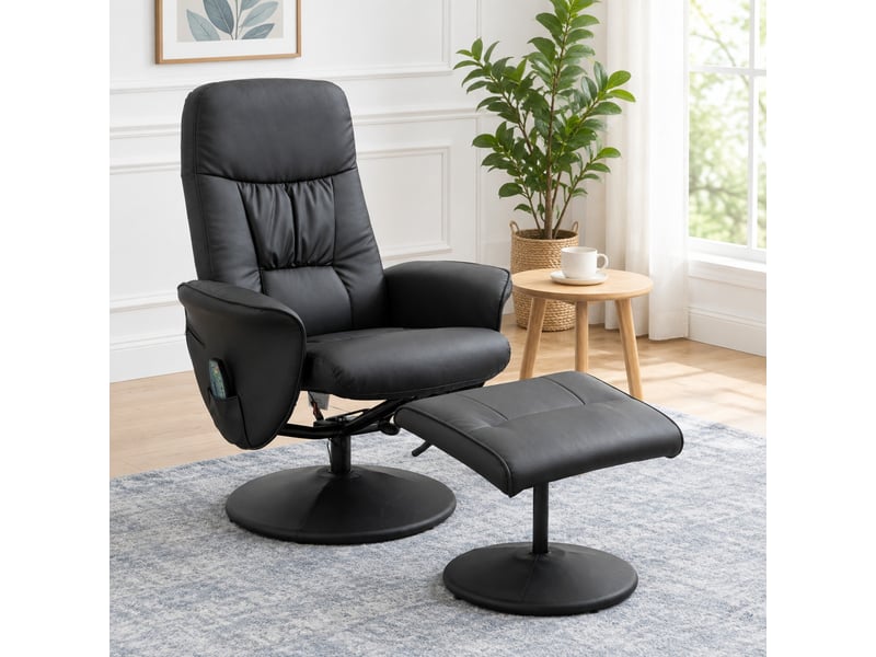 Fauteuil relax massant inclinable 145° pivotant avec repose-pieds en similicuir noir - Conforama D