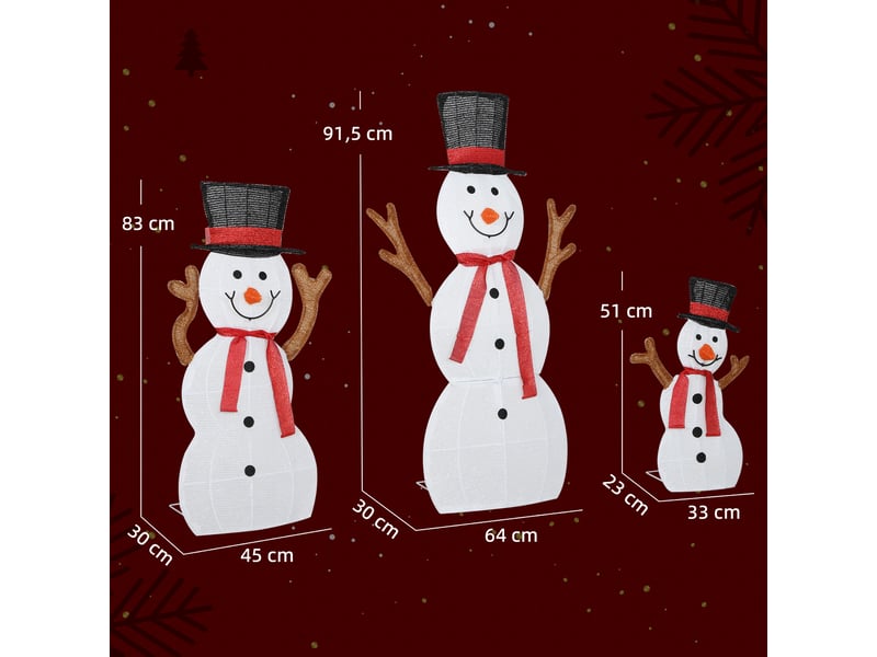  Famille de bonhommes de neige de noël en 3 pièces, décoration extérieure, lumières led, piquets de fixation, étanche, acier, polyester, blanc  - Conforama E