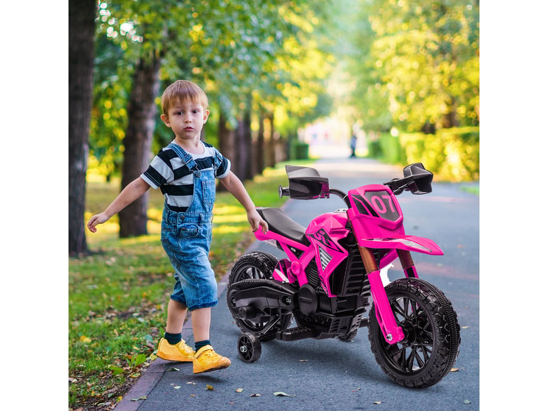  Moto cross électrique pour enfants 3-8 ans, batterie 6 v, 2 moteurs, klaxon et roues d'entraînement, charge 30kg, rose  - Conforama C