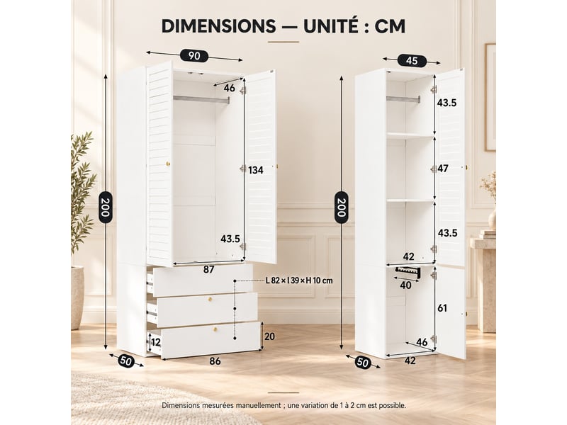  Armoire penderie 135x50x200 cm blanche, 3 portes à lattes, 3 tiroirs, 2 tringles et porte-pantalons  - Conforama C
