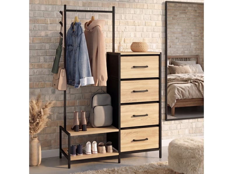  Commode 4 tiroirs en tissu utah 84 cm et penderie avec étagères et patères, design industriel  - Conforama B