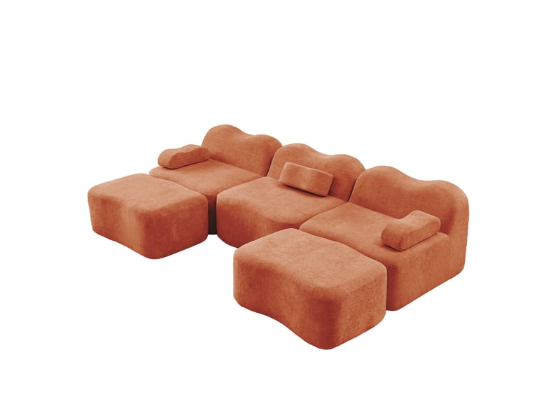 Canapé modulaire 3 places en u avec 2 poufs, velours orange - Conforama A