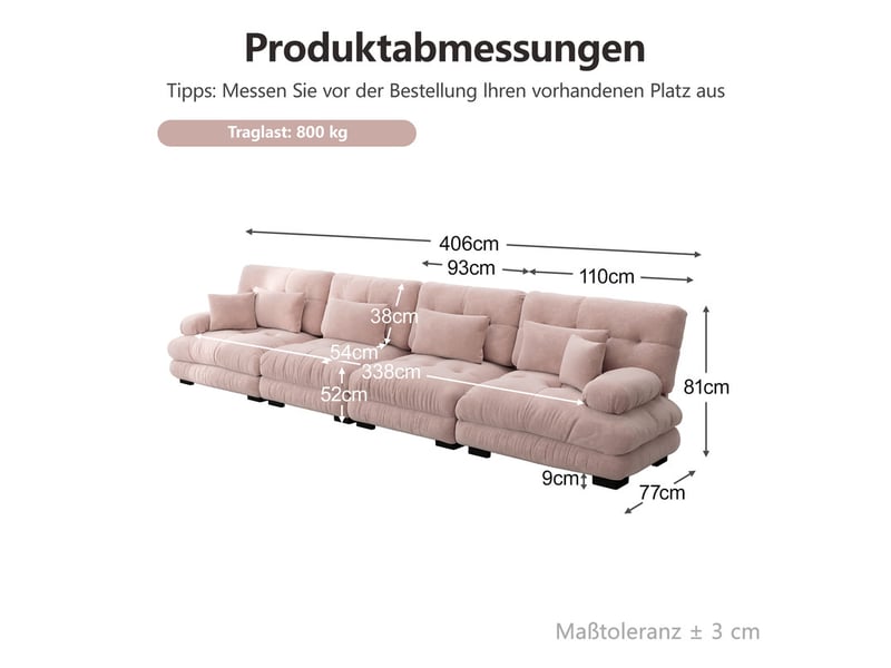  Canapé droit modulable4 places, assise extra-profonde, larges accoudoirs, chenille rose, 406x77x81cm, pour salon  - Conforama C
