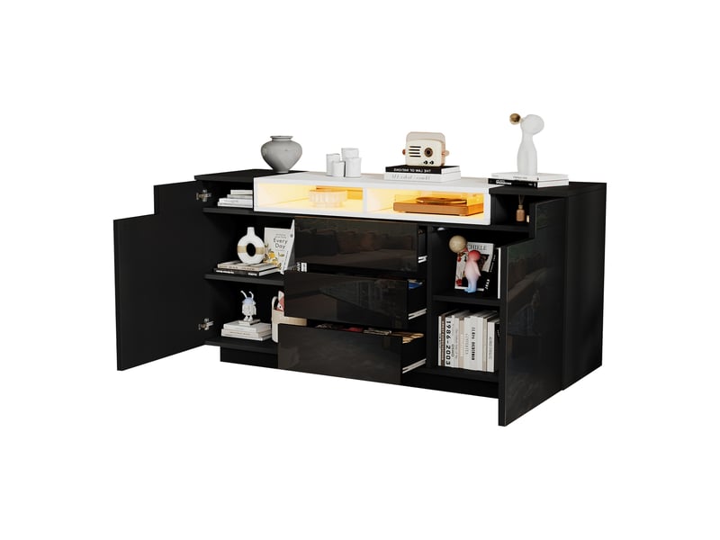 Buffet noir avec led 140 cm, meuble de salon 2 portes et 3 tiroirs, haute brillance - Conforama W