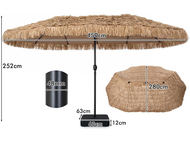  Parasol de jardin exterieur en paille pe avec pied, 4,5x2,7m grand parasol rectangulaire double exotique avec 12 baleines  - Conforama D