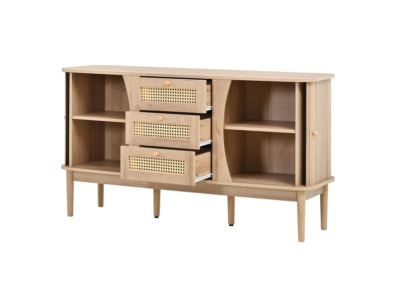  Buffet bas 3 tiroirs et portes coulissantes 141x40x77 cm mdf naturel  - Conforama D