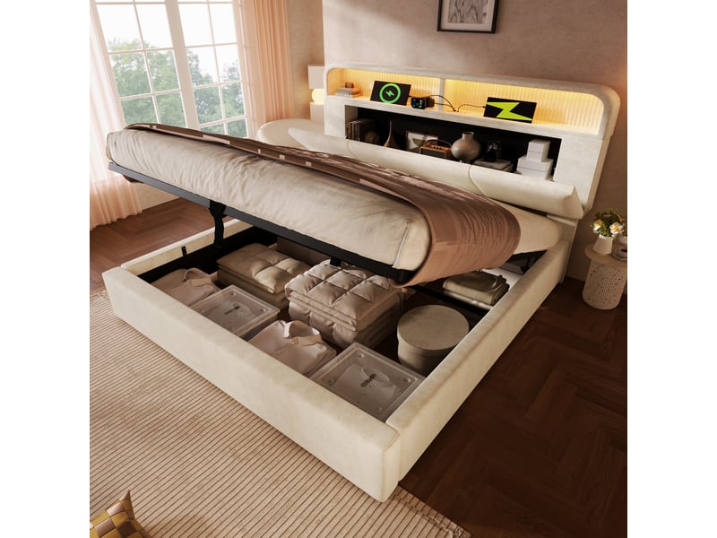  Lit double capitonné 180x200 cm,lit coffre hydraulique,tête de lit réglable avec led,ports usb et type-c,velours,beige  - Conforama B