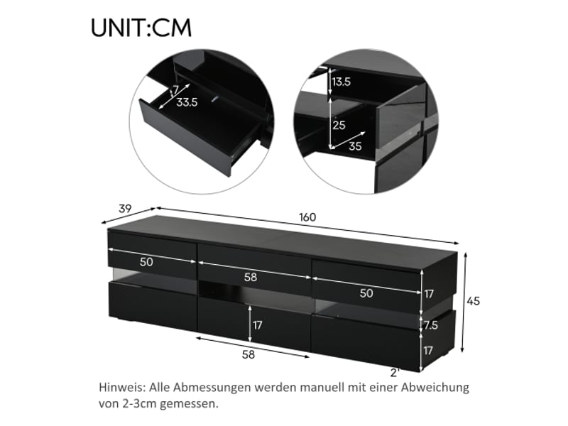  Meuble de tv 160cm haute brillance dimensions 160x39x45 cm, rangement avec 2 portes et 1 tiroir, niche ouverte + éclairage led  - Conforama B