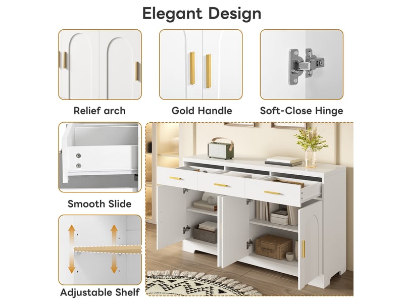Buffet blanc 140x40x83 cm, meuble de rangement moderne avec 4 portes et 3 tiroirs, idéal pour décoration et petits électroménagers en entrée ou cuisine - Conforama R