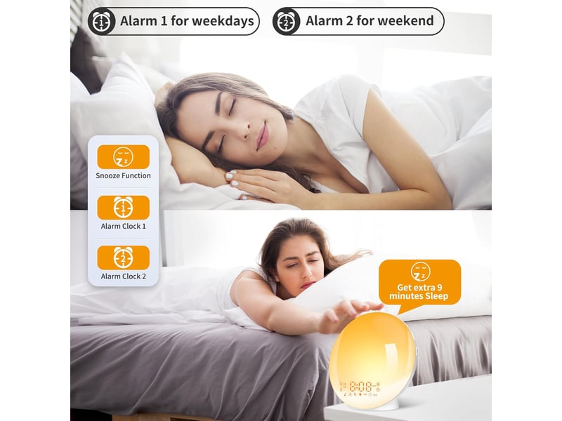  Réveil simulateur de lever de soleil avec 7 sonneries naturelles, radio fm, réglage de la luminosité et fonction snooze  - Conforama B