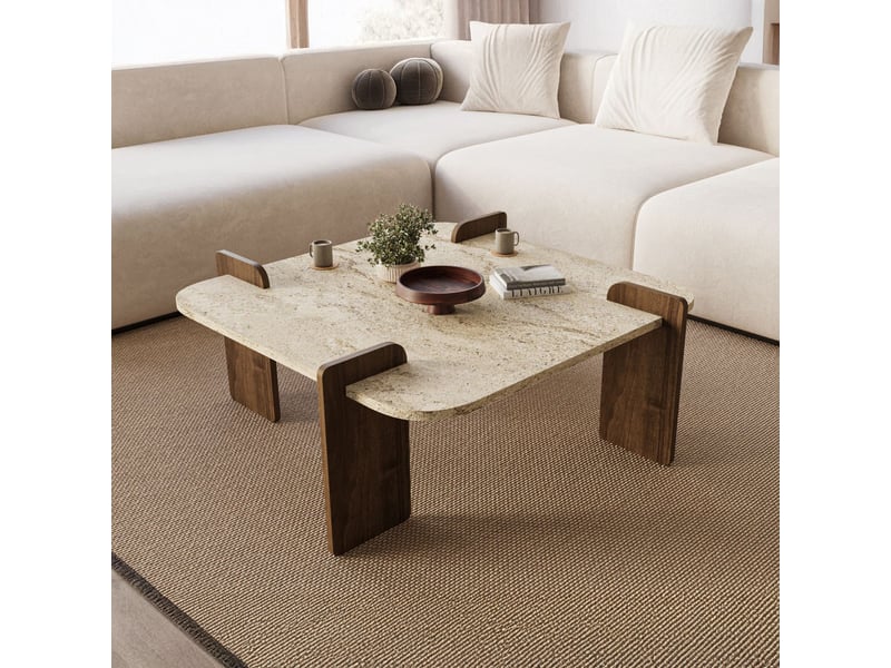  Table basse carrée beige piètement couleur bois foncé 90 cm  - Conforama D