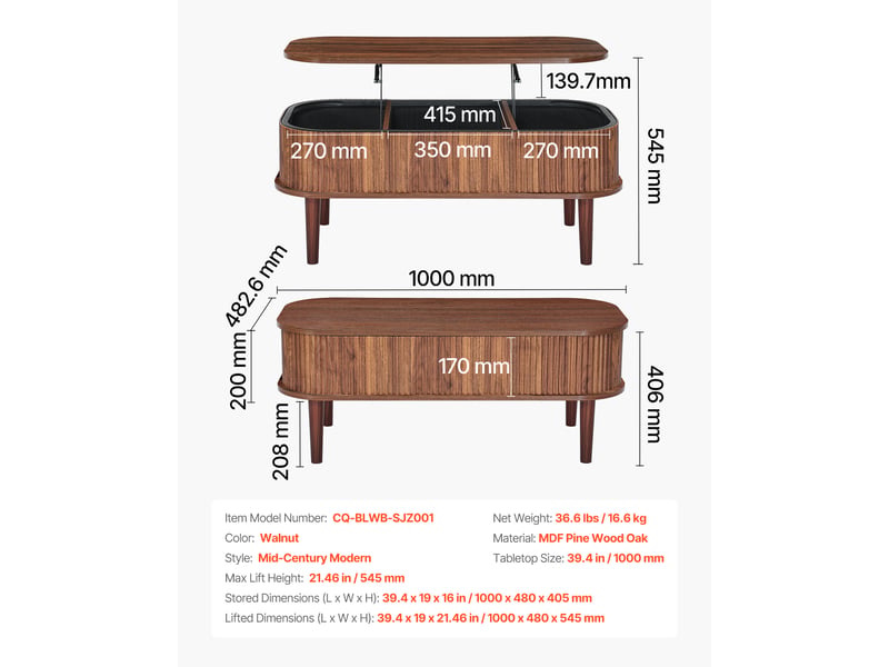  Vevor table basse relevable ovale - finition noyer, rangement 3 compartiments, plateau relevable métal, mdf et pin CQ-BLWB-SJZ001 - Conforama C