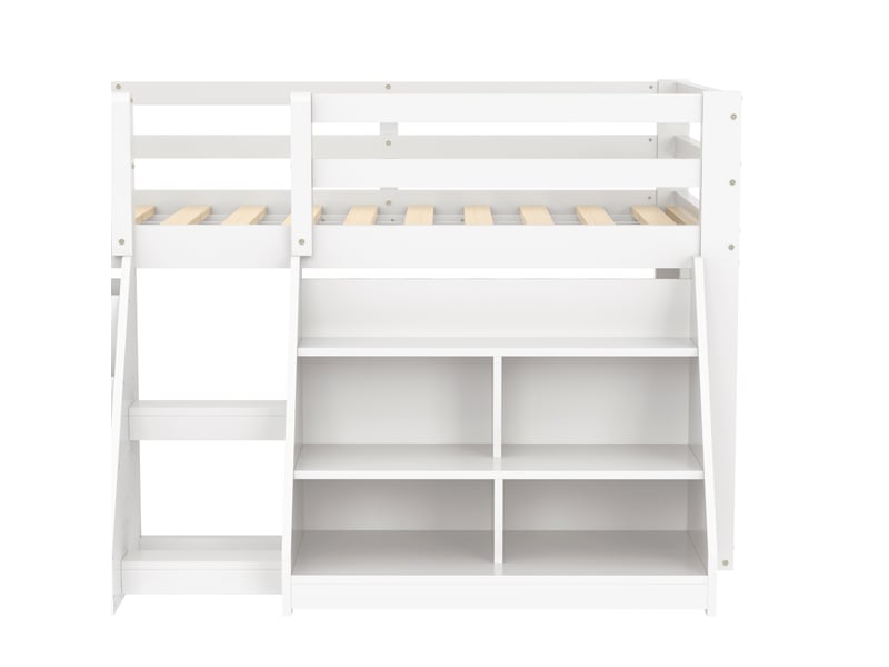 Lit mi-hauteur 90 × 200 cm, led avec commande par application, échelle et étagères de rangement, pin et mdf, blanc - Conforama E