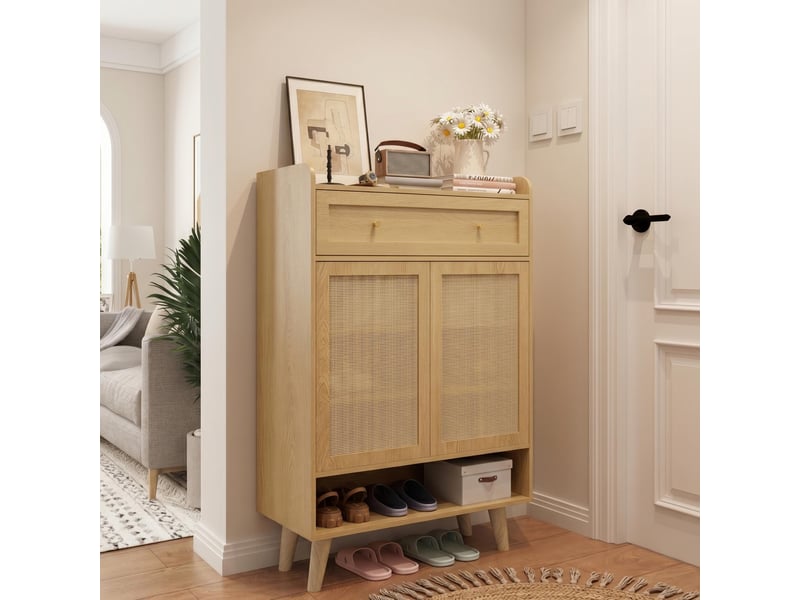  Meuble à chaussures 80x35x105 cm, 2 portes rotin, 1 tiroir, 4 étagères, rangement ouvert, meuble d'entrée, panneau particules - chêne clair  - Conforama E