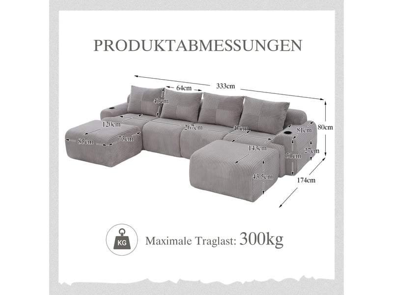 Canapé d'angle panoramique fixe 4 places tissu gris clair - Conforama C