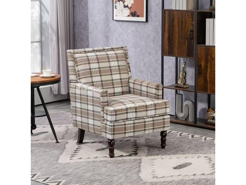  Fauteuil rembourré - 69x69x89 cm - finition clous et bois - style vintage luxe - tissu lin coton - rayures marron et blanc  - Conforama B