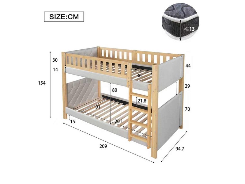  Lit superposé enfant 90x200 cm, structure de lit avec escalier droit 4 marches, sommier, bois mdf, gris, sans matelas  - Conforama C