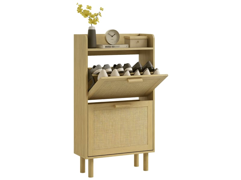  Meuble à chaussures étroit pour entrée, avec 2 tiroirs pliants, étagères et plateau réglables, chêne  - Conforama A