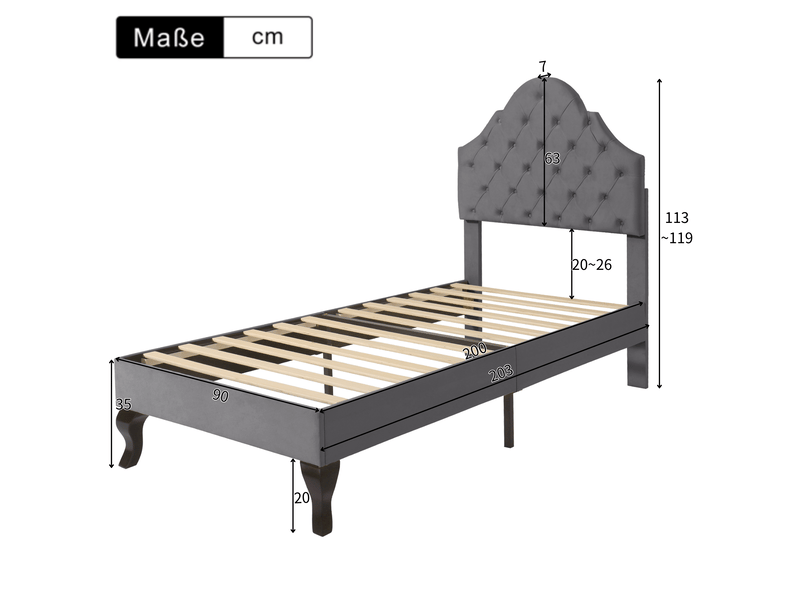  Lit simple 90x200 cm en velours gris avec tête de lit réglable et sommier à lattes  - Conforama E