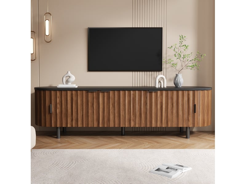  Meuble tv 170x40x47 cm noyer en mdf, 5 portes striées, côtés arrondis, piètement en métal pour salon  - Conforama B