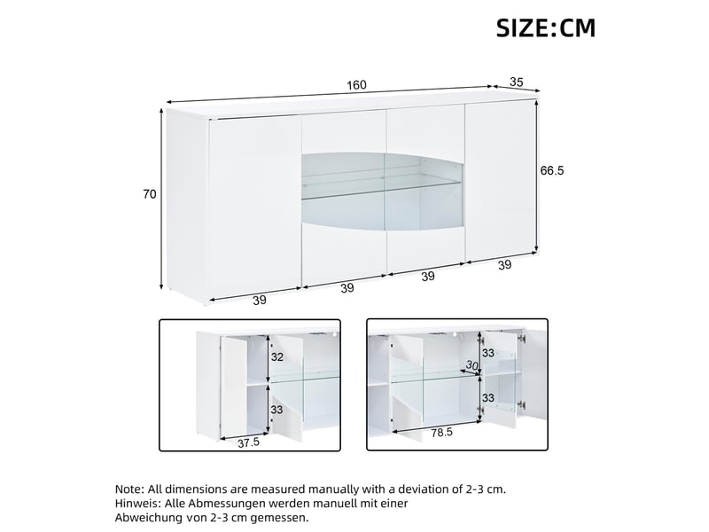  Buffet 160x35x70 cm à 4 portes avec éclairage led rgb, en mdf, coloris blanc finition haute brillance, design moderne  - Conforama C