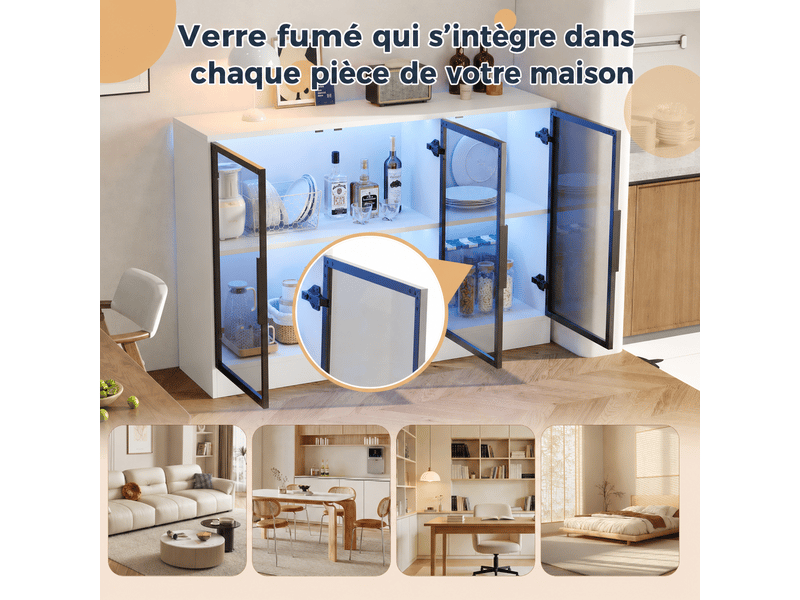  Vitrine basse 3 portes vitrées 120x30x73 cm, buffet vitrine avec led multicolore, verre gris, fermeture amortie, panneaux de particules, blanc  - Conforama E