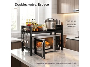 Support micro-ondes extensible en métal noir pliable avec étagères