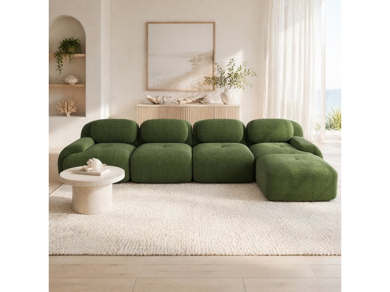  Canapé d'angle modulaire 4 places avec chaiselongue, assise 32d, sans montage, en velours côtelé vert  - Conforama C