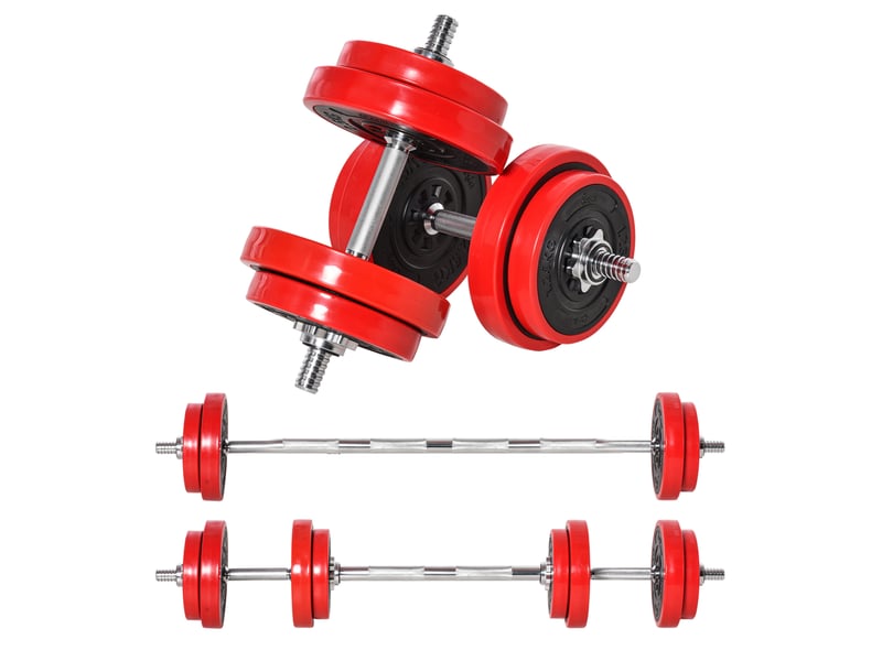 Set d'haltères 2-en-1 réglable 20 kg rouge et noir, avec barres courtes et barre longue pour entraînement à domicile - Conforama A