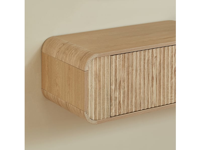  Meuble tv mural 160 cm en panneau de particules bois clair, avec rangement ouvert et passe-câbles intégré  - Conforama D
