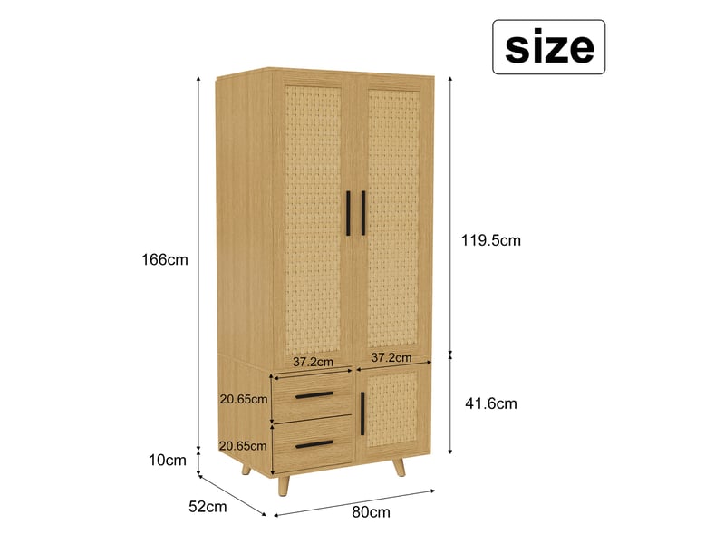 Armoire de chambre - penderie-80x52x176cm - 2 portes 2 tiroirs - scandinave bohème - bois effet rotin - chêne naturel et noir - Conforama E