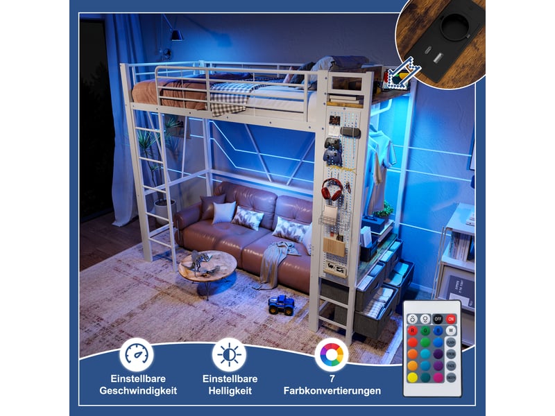  Lit mezzanine 90 x 200cm, structure métal, 4 tiroirs, étagères, led, usb type-c, échelle, sans matelas, blanc  - Conforama E