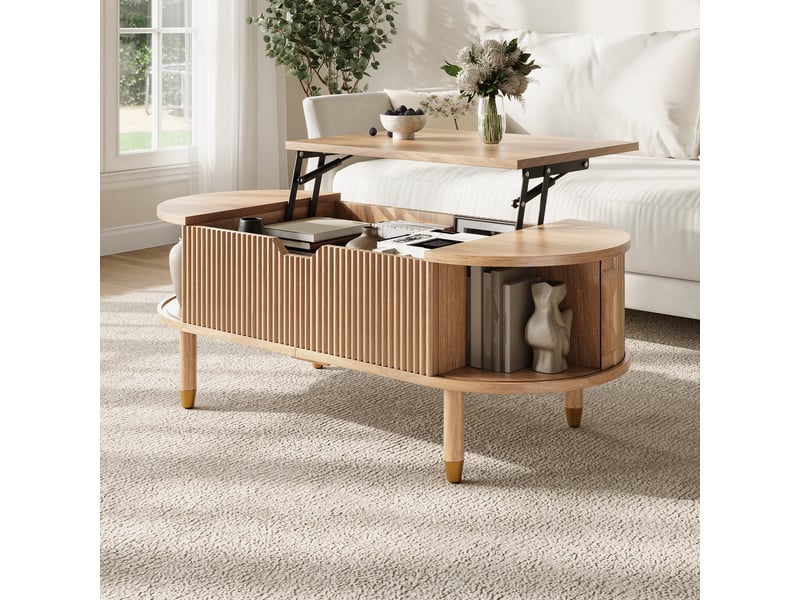  Table basse relevable, rangement intégré, porte coulissante rainurée, mdf, pieds en bois d’hévéa ABC - Conforama B