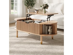 Table basse relevable, rangement intégré, porte coulissante rainurée, mdf, pieds en bois d’hévéa