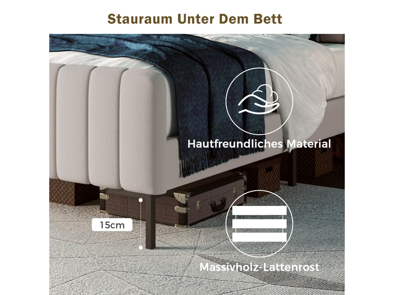  Lit de 180 x 200 cm avec tête de lit réglable et sommier, structure capitonnée en tissu lin gris-beige  - Conforama D