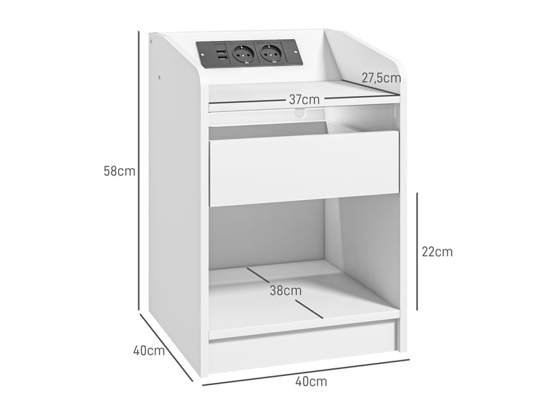  Table de chevet avec éclairage led, tiroir, étagère, station de charge, ports usb et télécommande, 40 x 40 x 58 cm, blanche  - Conforama E