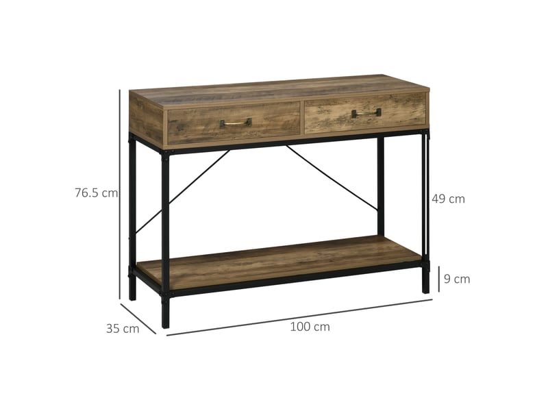  Table console industrielle 100x35x76,5 cm – marron et noir – 2 tiroirs et étagère basse  - Conforama C