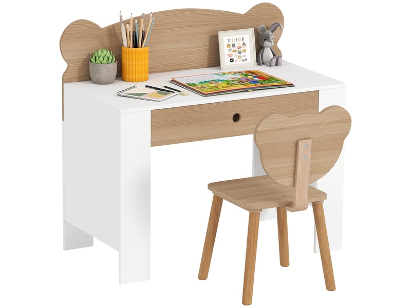  Ensemble bureau enfant, table et chaise en forme d'ours, tiroir, pour écrire et bricoler, 3-8 ans, bois naturel  - Conforama A