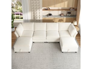 Canapé d’angle modulable U/L, beige, 6 places, chenille, pouf rangement, design nuage