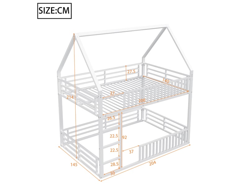  Lit superposé maison 140x200 cm blanc, avec garde-corps, led 7 couleurs, structure métal, sommier inclus, sans matelas  - Conforama C